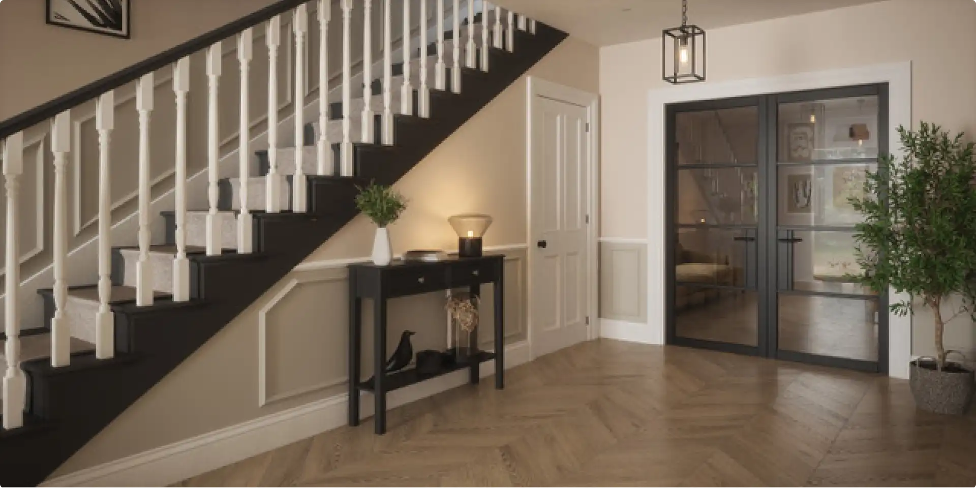 Doors double black glazed doors beside staircase